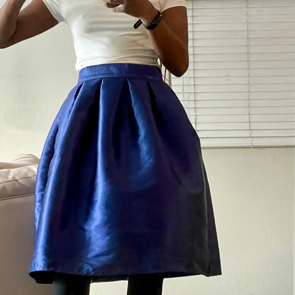 Navy Blue Pleated A-Line Knee-Length Skirt